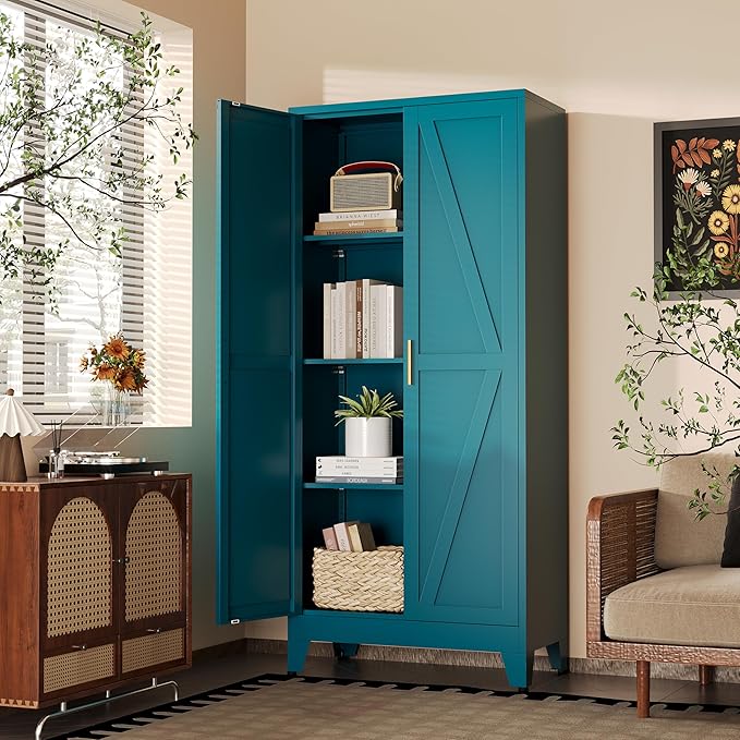 61" H Blue Metal Pantry Cabinet with Doors,Freestanding Kitchen Pantry Cabinet,Farmhouse Food Storage Cabinets,Tall and Large Pantry Cabinets for Kitchen, Dining Room, Living Room