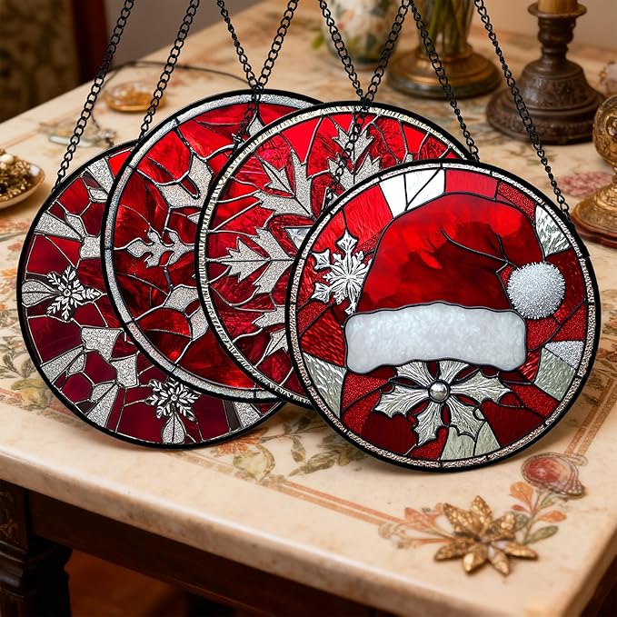 Stained Glass Window Hanging 4 Pcs Set Red Christmas Decorations Theme Large 11.8" - Suncatcher Door Garden Sun Catcher Decor Birthday for Mom Woman Nana Men Friend Wife