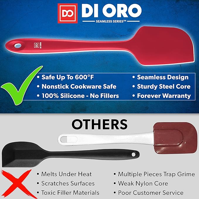 DI ORO - Large Silicone Spatula - 600쨘F Heat-Resistant Spatula - Seamless Design - Pro-Grade Non-Stick Silicone Rubber with Reinforced Stainless Steel S-Core Technology (RED)
