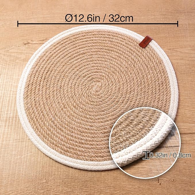 Round Placemats Set of 4, Handmade by Braided Natural Jute with White Cotton Cord, Dia. 12.6 Inch, Heat Resistant, Doublesided, Light Brown