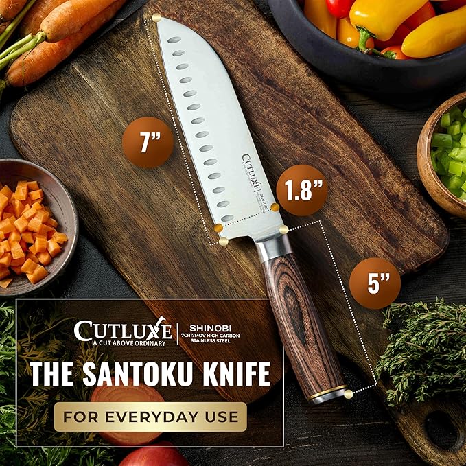 Santoku Knife ??Ultra Sharp 7 Inch Meat and Vegetable Japanese Knife for Chopping, High Carbon Stainless Steel Blade, Full Tang Pakkawood Handle ??Shinobi Series