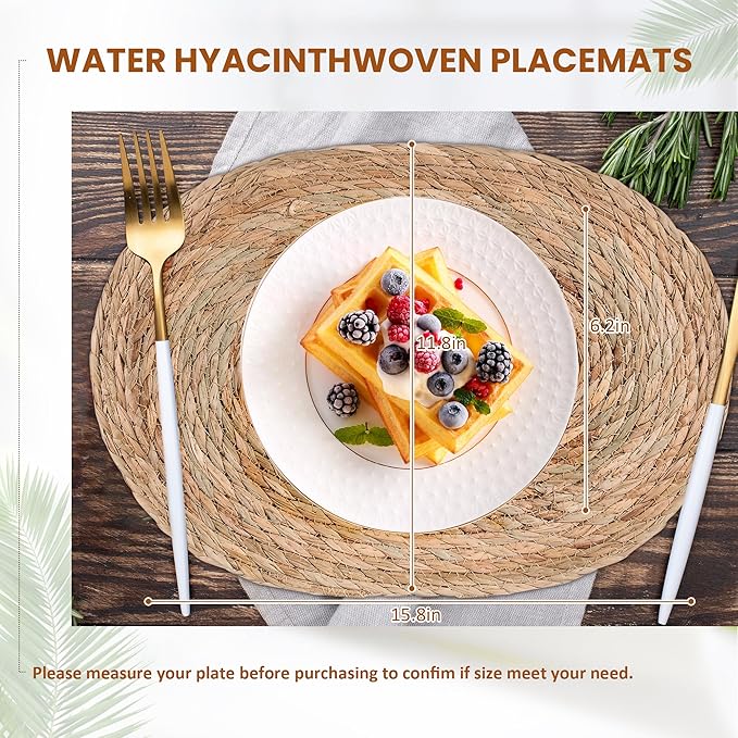 Oval Woven Placemats Set of 8, 16"x 12"Braided Rattan Table Mats,Farmhouse Rattan Chargers for Dinner Plates,Boho Vintage Table Mats for Christmas Home Dining Kitchen Parties Decoration