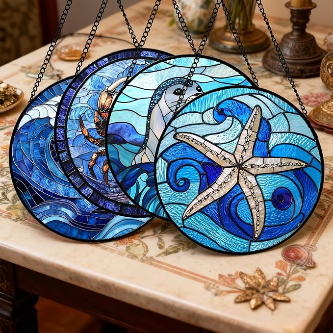 Stained Glass Window Hanging 4 Pcs Set Blue Ocean Waves 7.8" - Starfish Crab Seal Suncatcher Door Garden Sun Catcher Decor Birthday for Mom Woman Nana Men Friend