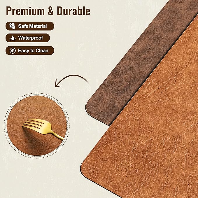 DOLOPL Thanksgiving Placemats Set of 8 Reversible Dual-Color Table Placemats ??Heat Resistant Wipeable & Washable Place Mats, Luxury Faux Leather Table Mats for Table Decor (Reddish Brown & Brown)