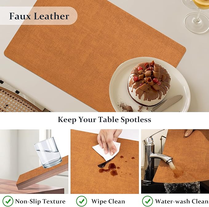 FROMHEART Faux Leather Placemats Set of 6?밯aterproof,Heat/Oil Stain-Resistant PU Table Mat?밨eversible,Non-Slip,Easy to Clean Place Mats for Kitchen,Dining,Indoor/Outdoor,(Orange-Grey,11.8" x 17")