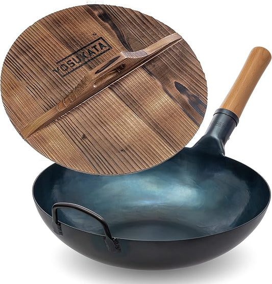 YOSUKATA 13.5??Blue Carbon Steel Wok Pan + Premium Wok Cover 13.5 inch Pan Lid