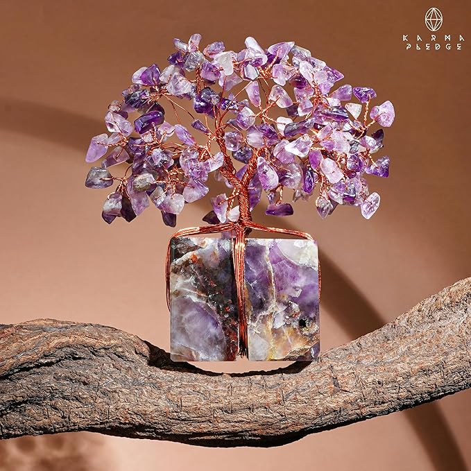Crystal Tree of Life for Home and Office Decor, Handmade Raw Crystal Base Amethyst Chakra Healing Crystal Tree for Positive Energy, Money, Good Luck, Christmas D챕cor, Birthday Gifts for Women
