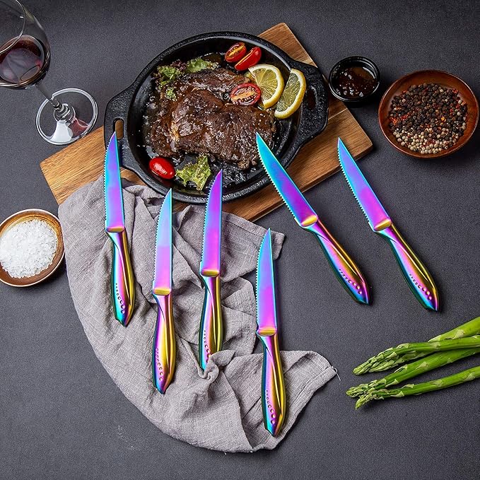WELLSTAR Rainbow Serrated Steak Knife Set of 6, Razor Sharp German Steel Blade 4.75 inch and Comfortable Stainless Steel Hollow Handle with Titanium Coated Dinner Table Knives Set for Home Restaurant