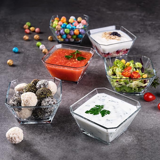 Glass Bowls for Kitchen Prep, Modern Serving Dishes for Dessert, Salad, Fruit, Pudding, Ice Cream, Cereal, Large Capacity 10.25 oz, Stackable Bowls Set of 6