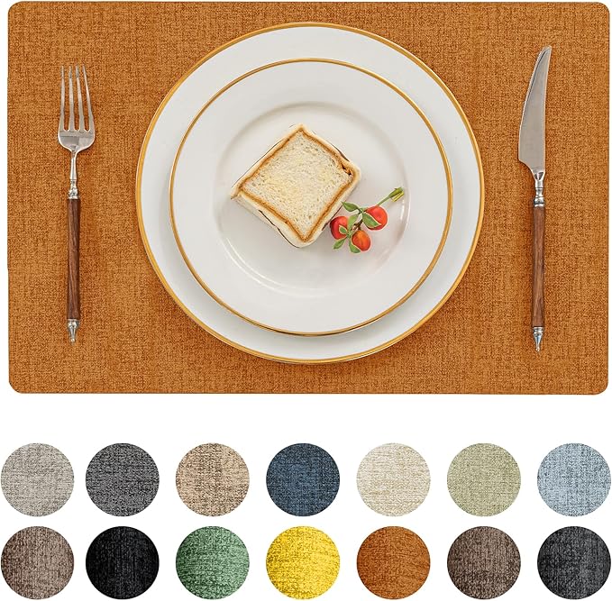 Romanstile Vinyl Placemats Set of 4-12 X 17 Inch - Heat Resistant Place Mats 100% Waterproof Oilproof Wipeable Reversible Faux Leather Table Mats for Kitchen, Dining, Party, Outdoor, Orange