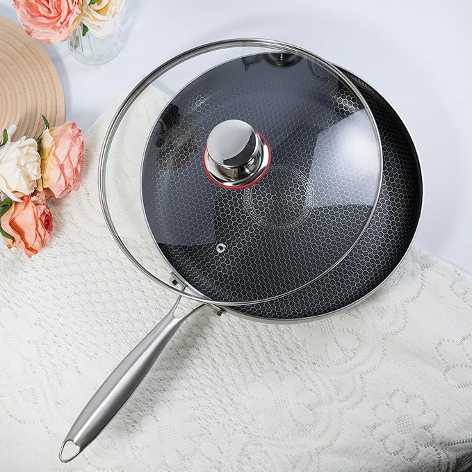 12 inch stainless steel frying pan with lid, hybrid non-stick skillet for induction, oven, broiler & dishwasher, non-toxic chef's pan, pfoa-free cookware