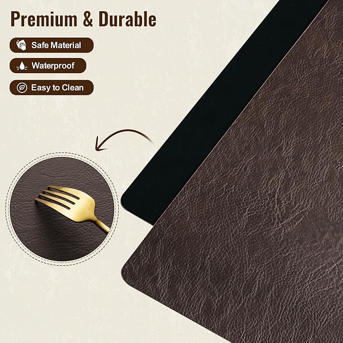 DOLOPL Placemats Set of 4 Reversible Dual-Color Table Placemats – Heat Resistant Wipeable & Brown Placemats, Luxury Faux Leather Table Mats for Vintage Dining Table Decor（Dark Brown & Black）