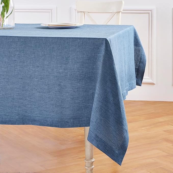 Solino Home Linen Tablecloth 60 x 108 Inch - 100% Pure Linen Blue Denim Table Cloth for Rectangular Tables - Athena, Machine Washable Cloth Tablecloth for Spring, Easter