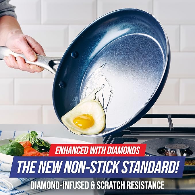 Blue Diamond Frying Pan 8??Skillet, Diamond Infused Healthy Ceramic Nonstick, PFAS and PFOA-Free, Dishwasher and Oven Safe, Even Heating, Metal Utensil Safe, Warp Control Base, Blue (Pack of 4)