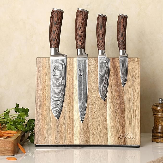 Wakoli EDIB 4-Piece Damascus Knife Block Set ??Professional Kitchen Knives with Magnetic Acacia Block, 67-Layer Damascus Steel Blades and Ergonomic Pakkawood Handles ??Premium Knife Set with Block