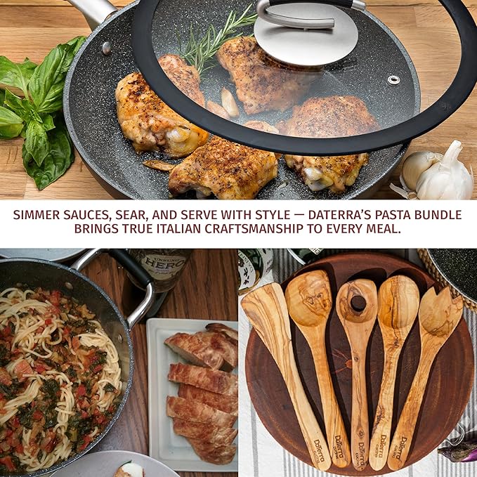 DaTerra Cucina - 8 Qt, 11??Nonstick Pasta Bundle ??Dutch Oven with Lid, Frying Pan with Lid, and Olive Wood Cooking Utensils | Made in Italy