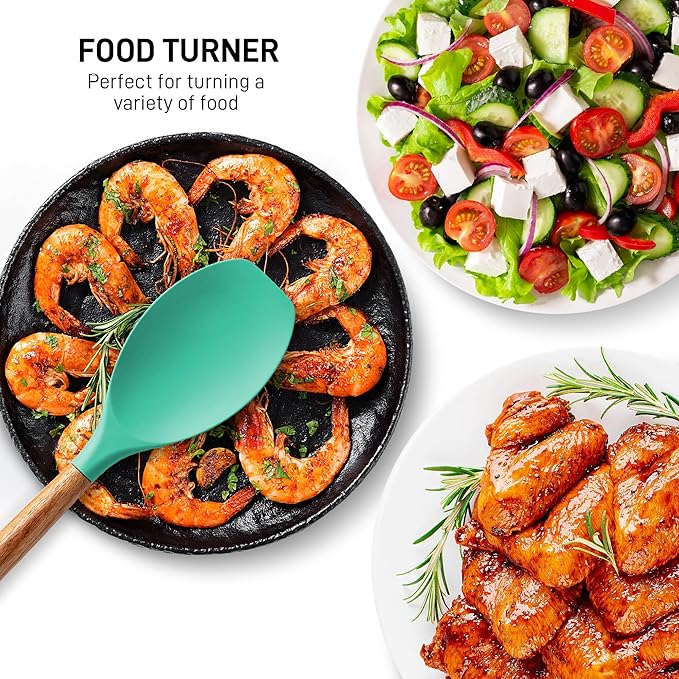 Zulay Kitchen Non-Stick Cooking Utensils Set with Authentic Acacia Wood Handles ??5-Piece Durable & Stylish Silicone Kitchen Utensils Set ??Heat Resistant to 464째F ??Mint