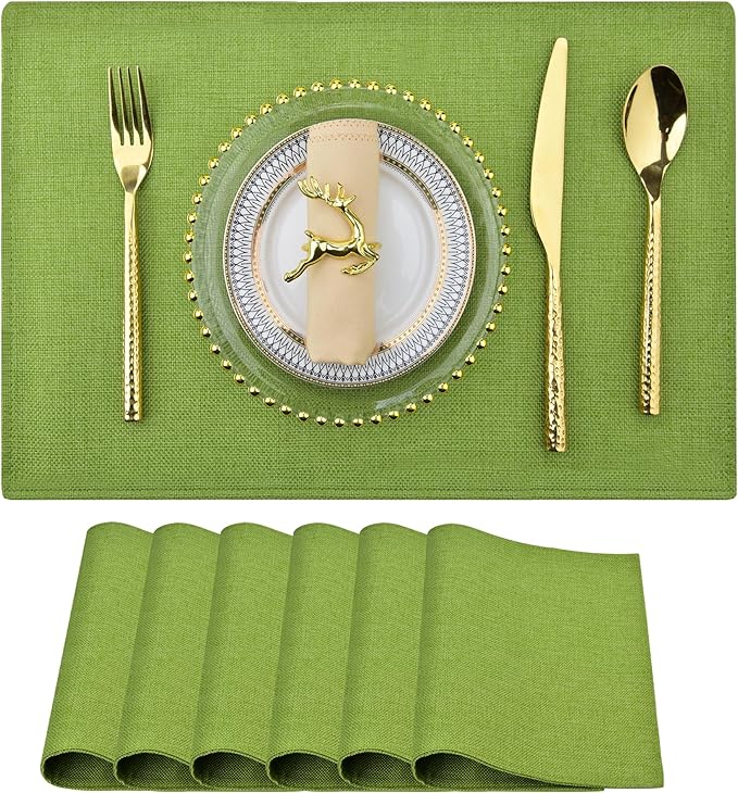 SLKQG Green Linen-Look Placemats Set of 6, Heat Resistant & Machine Washable Double-Layered Cloth Placemats for Dining Table, Indoor/Outdoor Use, Non-Slip Kitchen Table Mats (6, Grass Green)