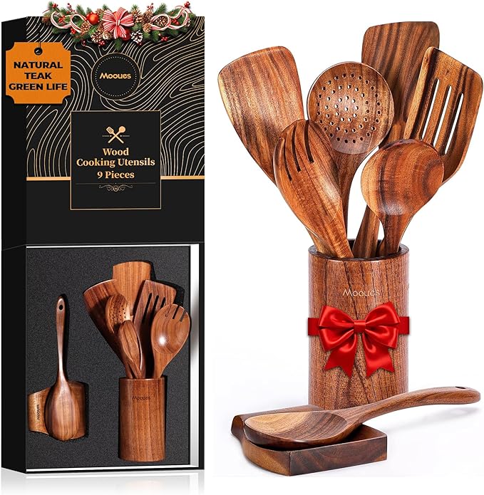 Wooden Spoons for Cooking, Wooden Utensils for Cooking Natural Teak Wooden Kitchen Utensils Set Comfort Grip(9 PCS SET GIFT BOX)