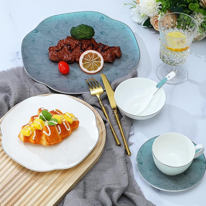 24 Piece Porcelain Dinnerware,Bone china Set for 4, Plates and Bowls Sets With exquisite Handmade Green Floral,Highly Chip and Crack Resistant | Oven & Dishwasher (Green + Floral)