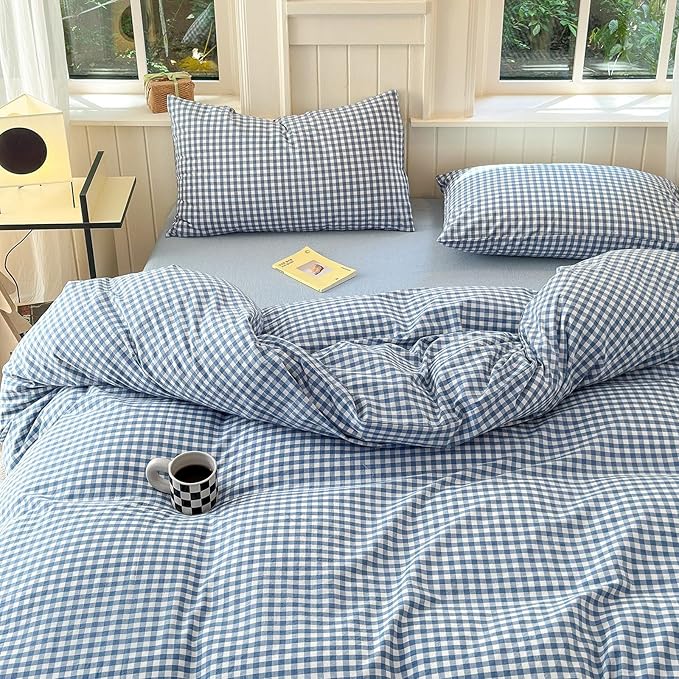 LifeTB Twin XL Comforter Set Blue Gingham Comforter with 2 Pillowcases Modern Plaid Grid Pattern Comforter Set for Men Boys Fluffy Soft Lightweight Bedding Boho Plaid Checkered Comforter Twin XL