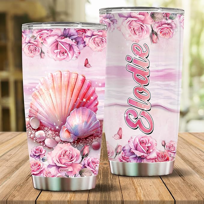 WONWIX Personalized Seashell Gifts for Girls, Women Insulated Stainless Steel Coffee Cup Mug Tumbler, Water Bottle Gift for Daughter, Mom, Wife on Christmas, Birthday, Mother's Day, Valentine