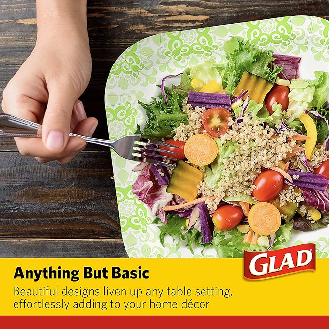 Glad Square Disposable Paper Plates, Green Victorian Pattern - Strong, Sturdy, Soak Proof, and Microwavable Decorative Plates for Dinner and Everyday Use, 10 Inch, 100 Count