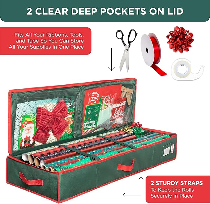 HOLDN??STORAGE Premium Wrapping Paper Storage Container - Durable 600D Tear-Proof, Fits 27 Rolls Gift Wrap, Extra Pockets for Ribbons & Bows, Underbed Storage - Ideal for Holiday Christmas, Green