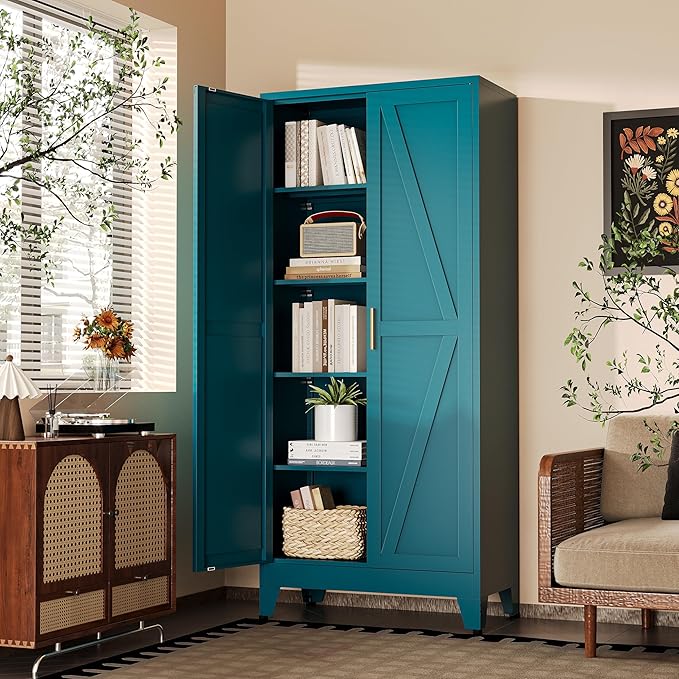 71" H Blue Metal Pantry Cabinet with Doors,Freestanding Kitchen Pantry Cabinet,Farmhouse Food Storage Cabinets,Tall and Large Pantry Cabinets for Kitchen, Dining Room, Living Room