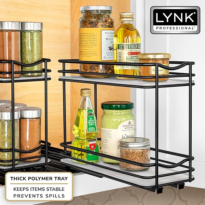 LYNK PROFESSIONAL짰 Pull Out Spice Rack Organizer for Inside Kitchen Cabinets - 4-3/8 inch Wide - Slide Out Drawer ??Black Sliding Spice Cabinet Organization Shelf Racks - 2 Tier