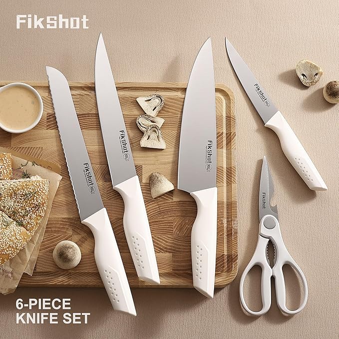 Knife Set, FIKSHOT 6-Piece Kitchen Knife Block Set with & Built-In Sharpener, Dishwasher Safe High Carbon Stainless Steel Blades, Rust-Resistant ??Ideal Housewarming Gift