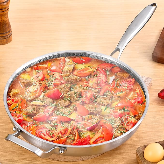 Inqibee 13-Inch Tri-Ply Hybrid Ceramic Non Stick Stainless Steel Frying Pan with Lid,Large Skillet,Induction Chef's Cooking Pan,Dishwasher and Oven Safe,Detachable Handle