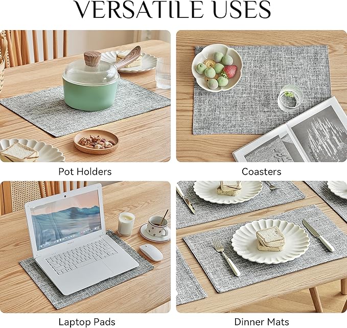 Softalker Faux Linen Placemats Set of 8-12 x 18 Inch, Heat Resistant Double Layered Durable Burlap Farmhouse Place Mats, Non-Slip Washable Rustic Table Mats for Dining, Kitchen, Party竊뉯sh Grey
