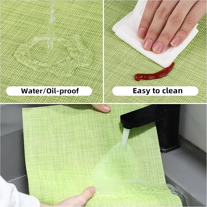 Set of 8 Green Placemats - Durable, Heat Resistant, Non-Slip, Washable PVC Vinyl Woven Table Mats for Dining Table - 12 x 17 Inch