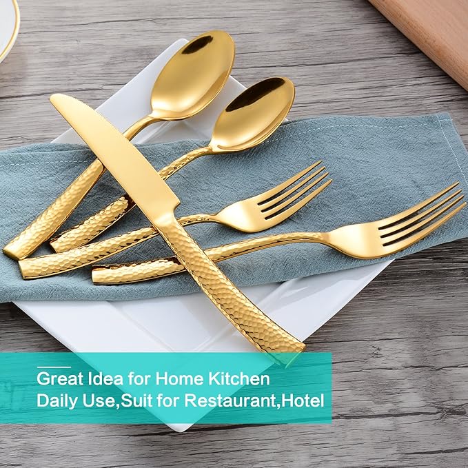 Silverware Set Gold Hammered Pattern Flatware Cutlery Stainless Steel Mirror Polished Utensil 20-Piece Spoons Forks and Knives Dishwasher Safe Service for 4