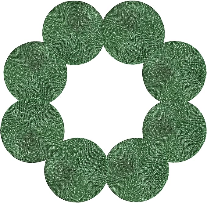 Youyi Better Lifes 15 inch Round Braided Placemats Set of 8 Washable Durable Woven Placemats Non-Slip Green Table Mats for Dining Tables Home Decor