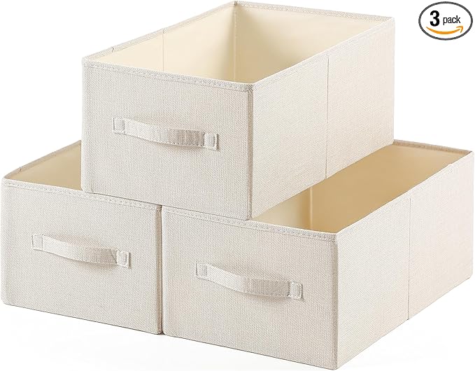 Linen Folding Storage Bins, 3 Pack Large Storage Baskets, Washable, Clothing Storage Bins with Handle, Closet Organizer for Storage Sweater,Sheets(Beige, 18쩍"x11" x8쩍")