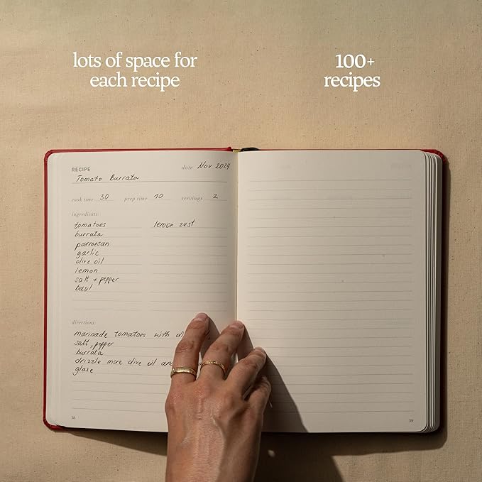 Kunitsa Co. Recipe Notebook - Keepsake Gift, Hardcover Blank Recipe Book to Write In Your Own Recipes with Journaling Prompts About the Chef, 100 Recipes, Red