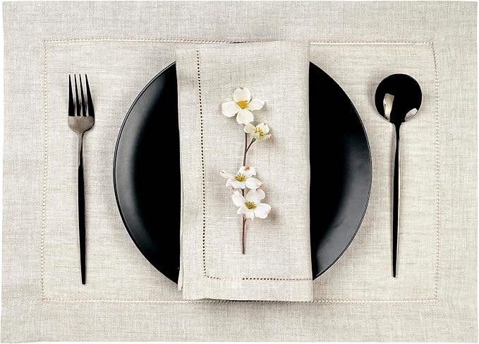 D'Moksha Homes Light Natural Linen Cloth Placemats Set of 8-100% Pure Linen Hemstitch Placemats 14 x 19 Inch - Classic Hemstitch Table Place Mats for Valentines, Easter - Machine Washable