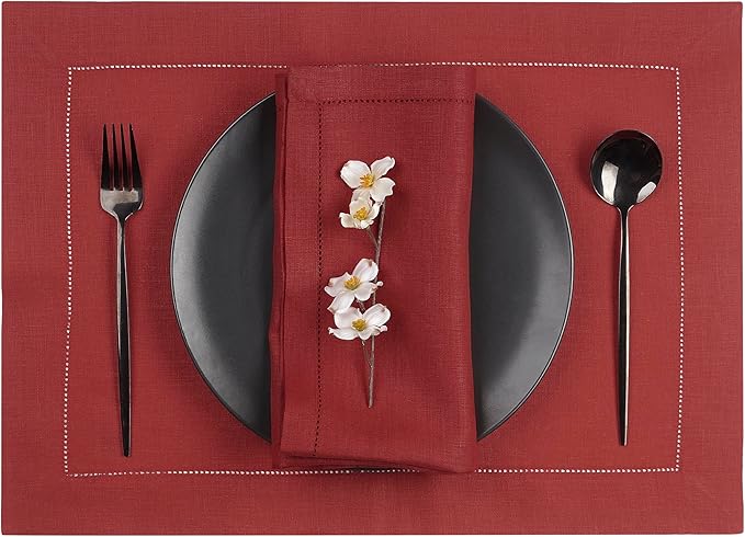 D'Moksha Homes Red Linen Placemats Set of 4 - Classic Hemstitch Placemats 14 x 19 Inch - 100% Pure Linen Table Mats for Valentines, Spring - Handcrafted and Machine Washable