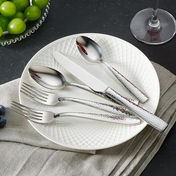 Hudson Essentials 60-Piece Hammered 18/10 Stainless Steel Silverware Cutlery Set, Flatware Service for 12