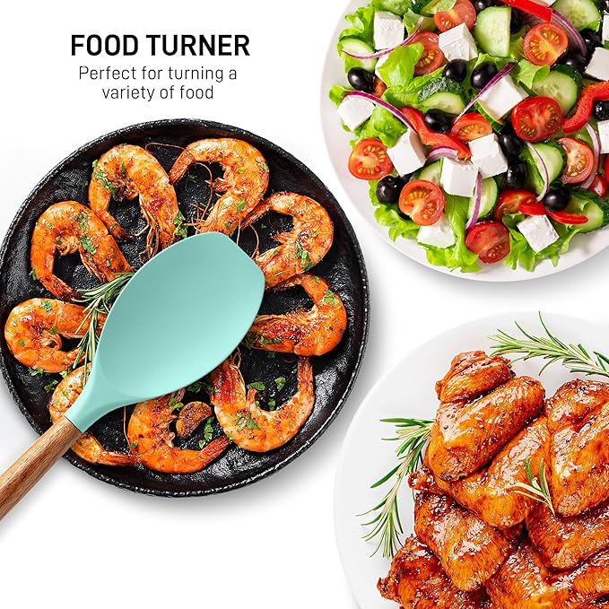 Zulay Kitchen Non-Stick Cooking Utensils Set with Authentic Acacia Wood Handles ??5-Piece Durable & Stylish Silicone Kitchen Utensils Set ??Heat Resistant to 464째F ??Aqua