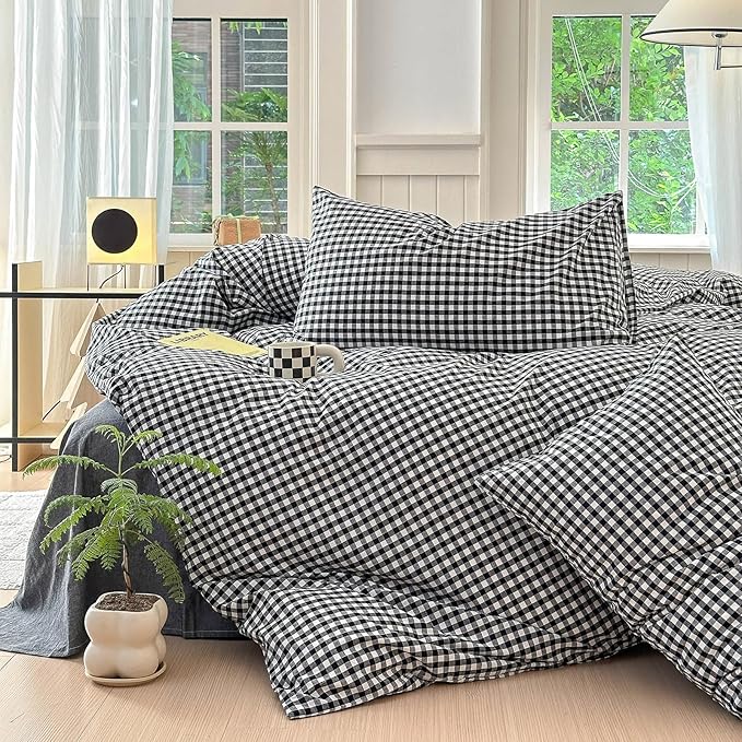 LifeTB Black Gingham Comforter Full Size Boho Plaid Checkered Pattern Comforter Geometric Grid Plaid Printed Bedding Comforter Set with 2 Pillowcases Fluffy Bed Luxury Soft Gingham Bedding Set Full