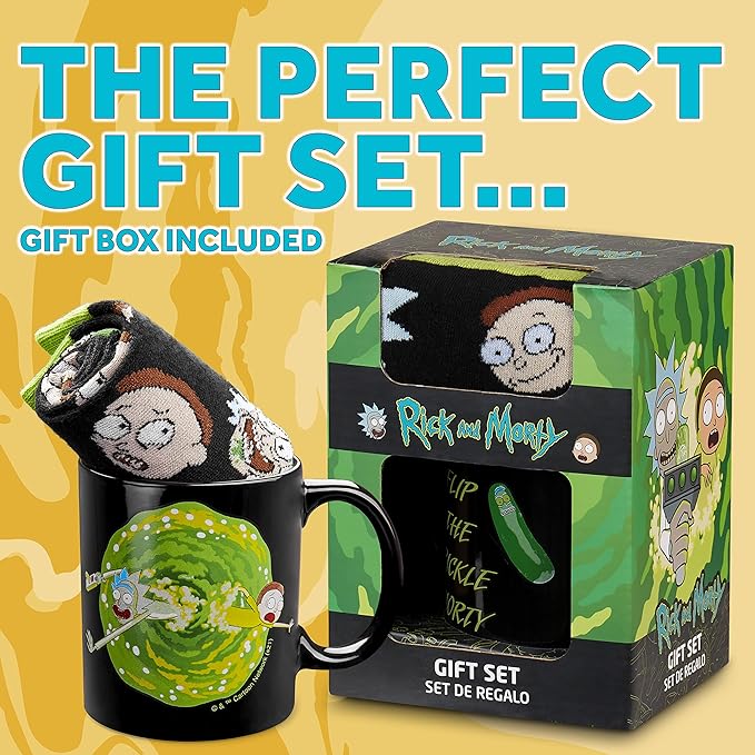 RICK AND MORTY Mug & Socks Gift Set for Men & Teens, Ceramic Tea Coffee Cup & Casual Trainer Crew Socks US Size 7-11, Gifts for Him