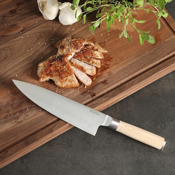 Babish 8-Inch Chef Knife ??High-Carbon 1.4116 German Steel Kitchen Knife with Light Pakka Wood Handle, Full-Tang Razor Sharp Chef?셲 Blade for Chopping, Slicing, Dicing & Everyday Prep