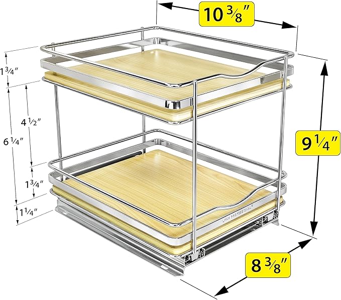 LYNK PROFESSIONAL짰 횋lite??Pull Out Spice Rack Organizer for Inside Kitchen Cabinets - 8-3/8 inch Wide - Slide Out Drawer ??Wood/Chrome Sliding Spice Cabinet Organization Shelf Racks - 2 Tier