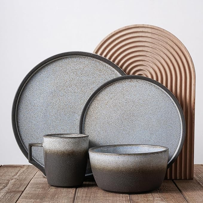Stone Lain Vince Stoneware Reactive Glaze Dinnerware Set, 16 Piece Service for 4, Gray