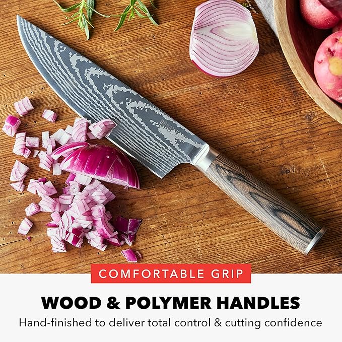 GreenPan x Bobby Flay 13 Piece Stainless Steel Cutlery Kitchen Knife Block Set, Premium Stainless Steel Blades, Acacia Wood Knife Block, Hand Finished Ergonomic Wood Handle, Damascus Steel Design