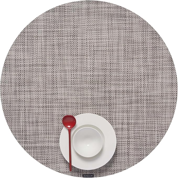 Chilewich Mini Basketweave Placemats in Gravel - Set of 4 - Easy Care Woven Tabletop Textiles - Indoor/Outdoor - 15" Round