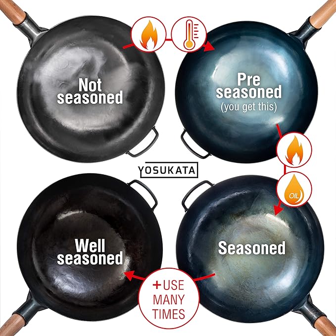 YOSUKATA 14??Round Bottom Carbon Steel Wok Pan ??Blue Pre-Seasoned Pow Wok for Stir Fry, BBQ & Camping ??Traditional Japanese & Chinese Cookware ??Compatible with Gas Stoves & Open Fire Only